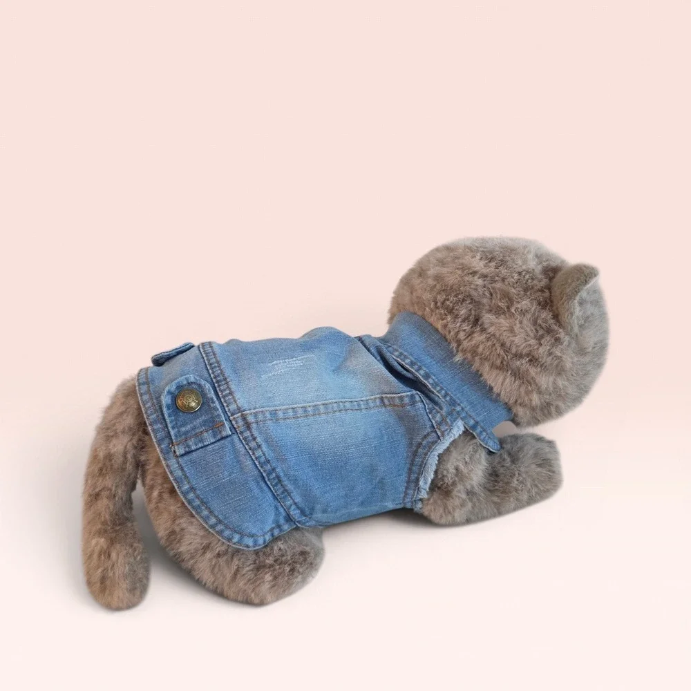 Blue Distressed Denim Pet Vest Dog Cat Jacket Medium Wash Snap Button Front